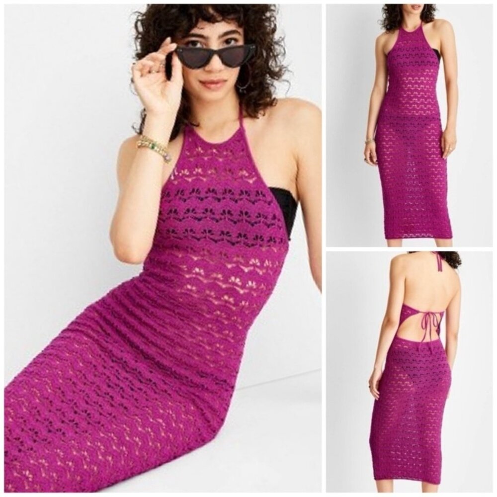 NEW Halter Tie Neck Open Knit Crochet Midi Sweater Dress - Future Collection